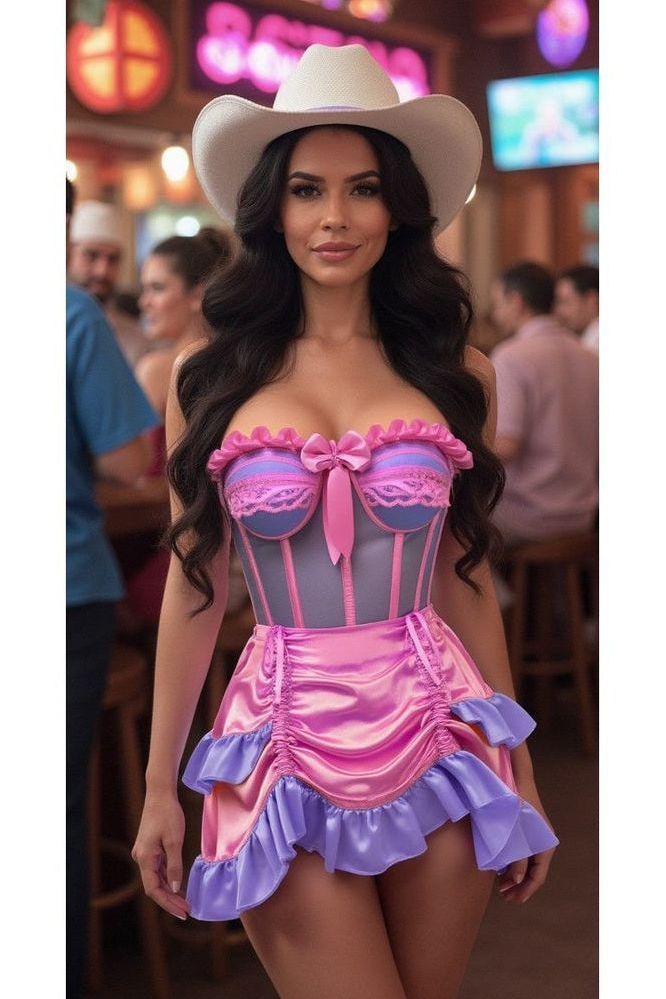 Daisy Corsets Top Drawer 2 PC Steel Boned Purple/Pink Mesh Underwire Bustier Corset & Skirt Set - Daisy Corsets
