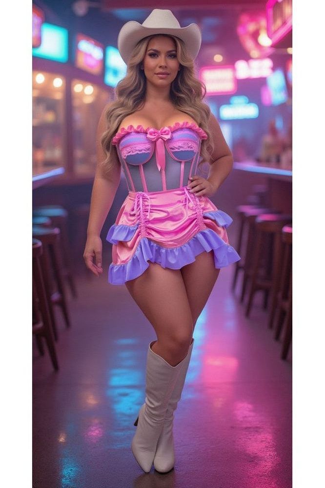 Daisy Corsets Top Drawer 2 PC Steel Boned Purple/Pink Mesh Underwire Bustier Corset & Skirt Set - Daisy Corsets