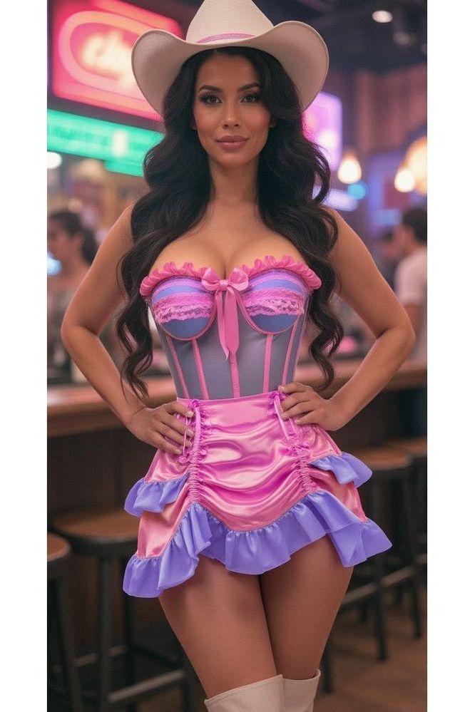 Daisy Corsets Top Drawer 2 PC Steel Boned Purple/Pink Mesh Underwire Bustier Corset & Skirt Set - Daisy Corsets