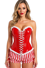 Daisy Corsets Top Drawer 2 PC Steel Boned Red Vinyl Patent Corset & Striped Bloomers Set - Daisy Corsets