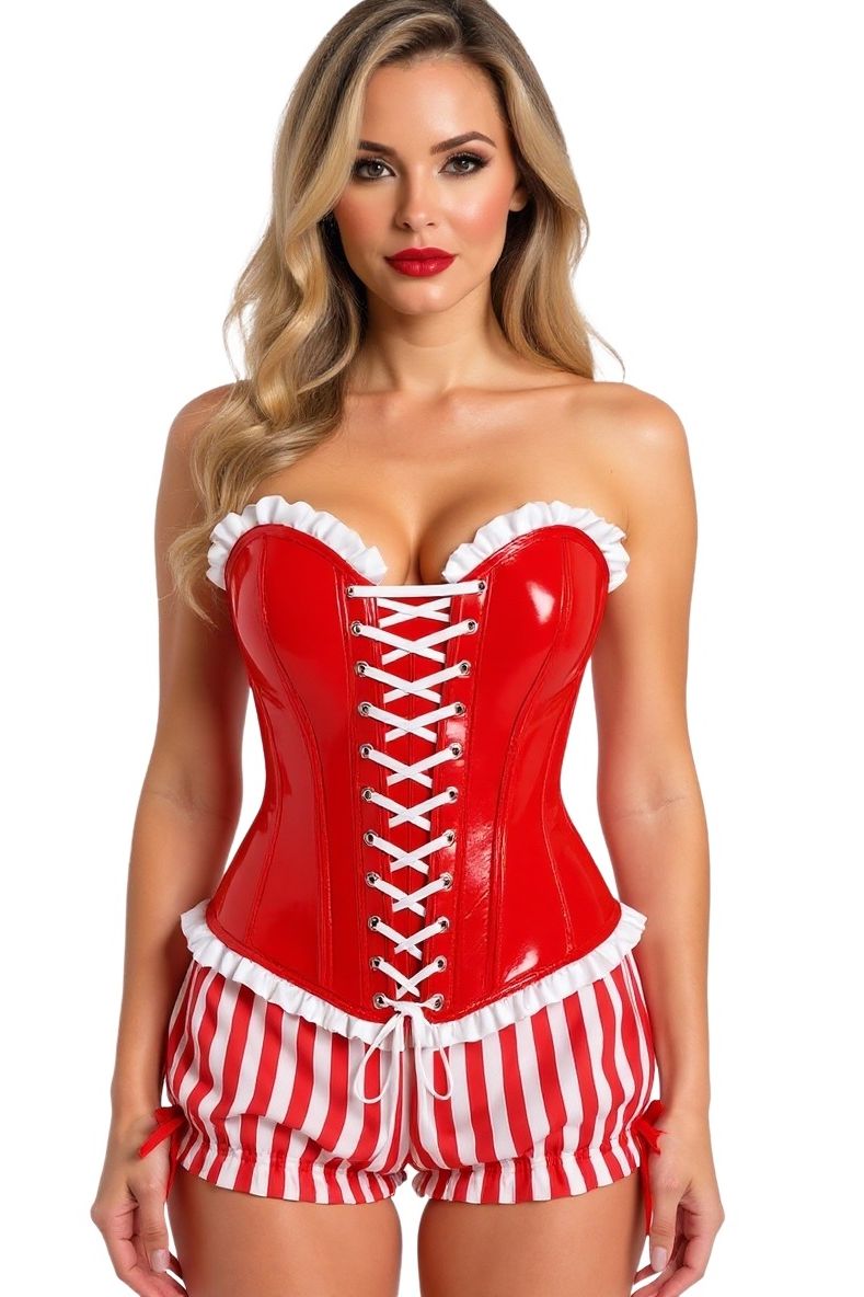 Daisy Corsets Top Drawer 2 PC Steel Boned Red Vinyl Patent Corset & Striped Bloomers Set - Daisy Corsets