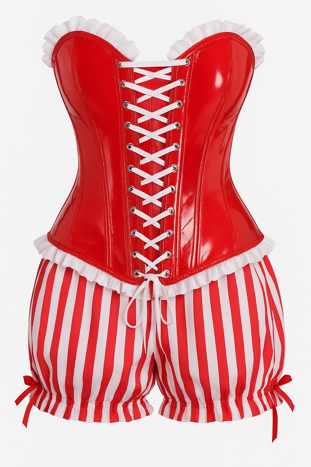 Daisy Corsets Top Drawer 2 PC Steel Boned Red Vinyl Patent Corset & Striped Bloomers Set - Daisy Corsets