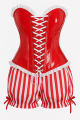 Daisy Corsets Top Drawer 2 PC Steel Boned Red Vinyl Patent Corset & Striped Bloomers Set - Daisy Corsets