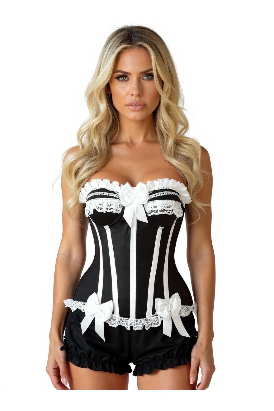 Daisy Corsets Top Drawer 2 PC White/Black Burlesque Steel Boned Corset & Bloomer Set - Daisy Corsets
