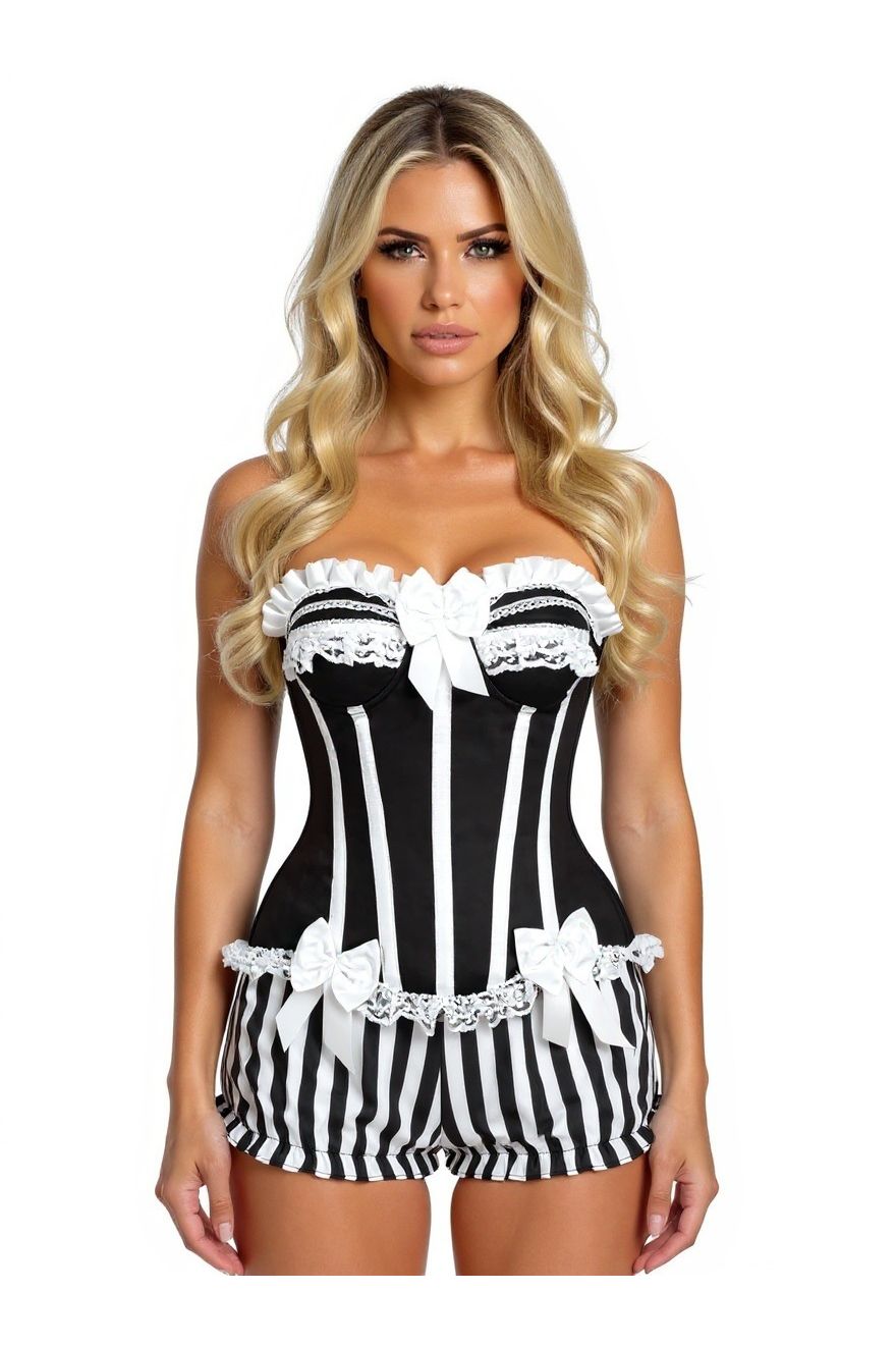 Daisy Corsets Top Drawer 2 PC White/Black Striped Burlesque Steel Boned Corset & Bloomer Set - Daisy Corsets