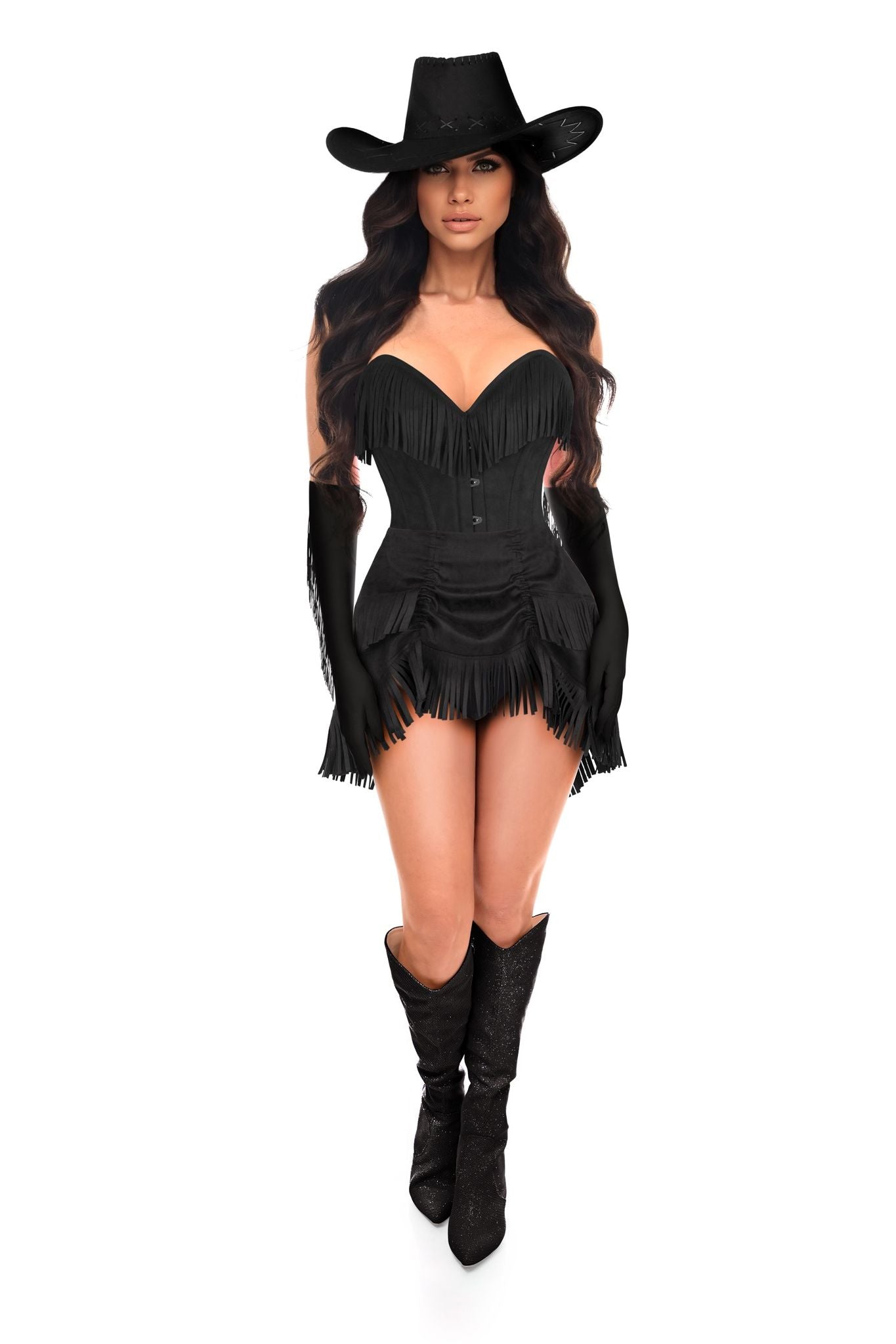 Daisy Corsets Top Drawer 4 PC Premium Black Suede Fringe Cowgirl Corset Costume - Daisy Corsets