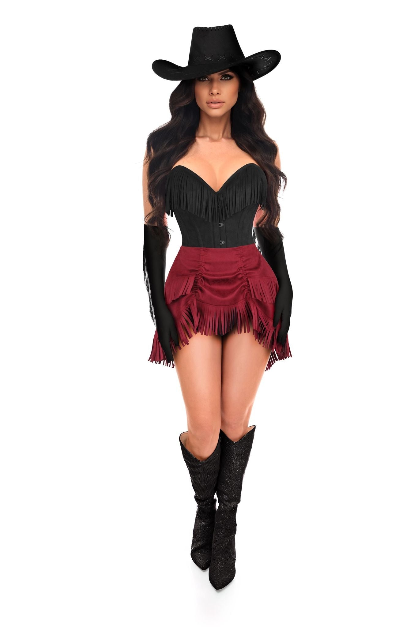 Daisy Corsets Top Drawer 4 PC Premium Black/Red Suede Fringe Cowgirl Corset Costume - Daisy Corsets