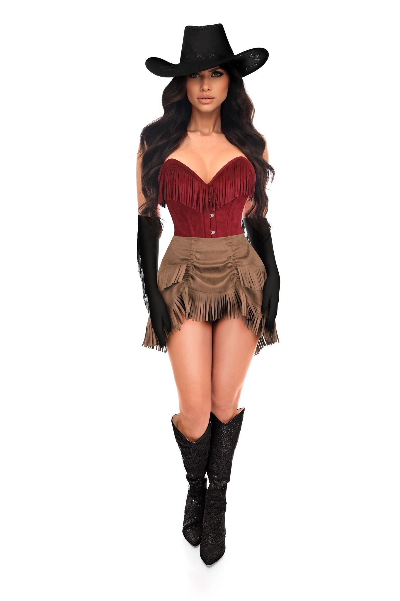 Daisy Corsets Top Drawer 4 PC Premium Red Suede Fringe Cowgirl Corset Costume - Daisy Corsets