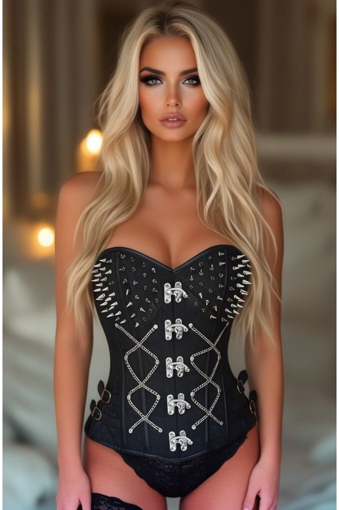 Daisy Corsets Top Drawer Black Brocade & Silver Spikes Steel Boned Corset - Daisy Corsets - Flyclothing LLC