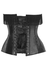 Daisy Corsets Top Drawer Black Faux Leather Steel Boned Overbust Corset w/Fringe - Daisy Corsets - Flyclothing LLC