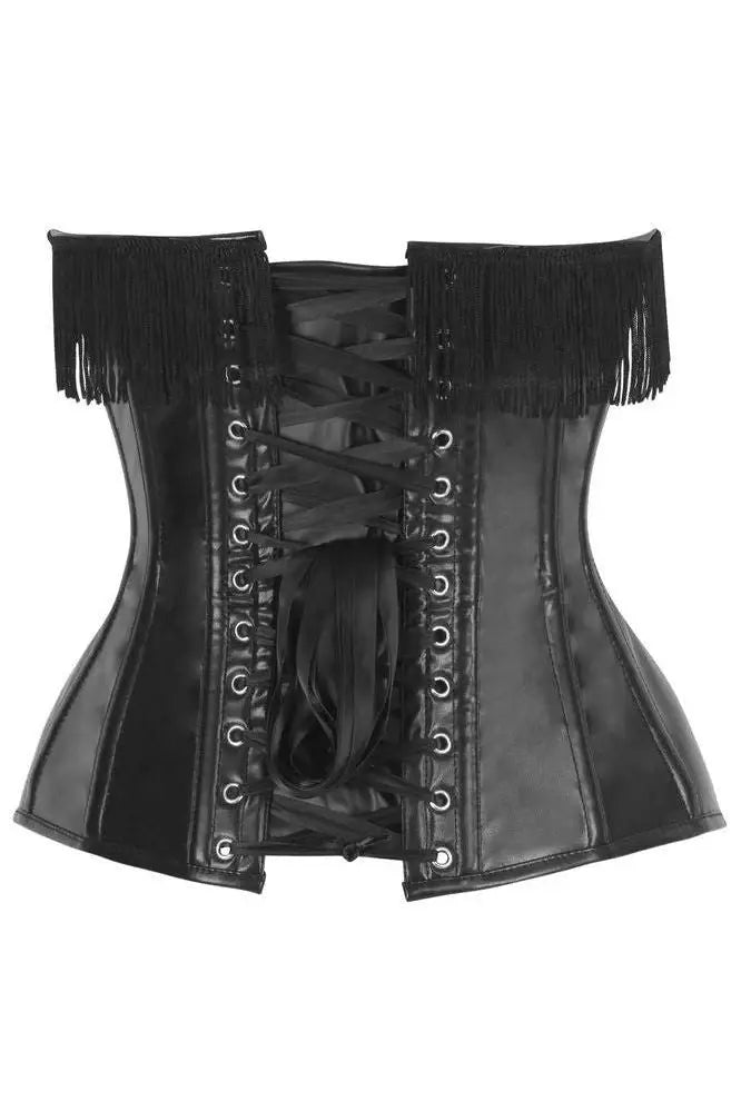 Top Drawer Black Faux Leather Steel Boned Overbust Corset w/Fringe - Daisy Corsets - Flyclothing LLC