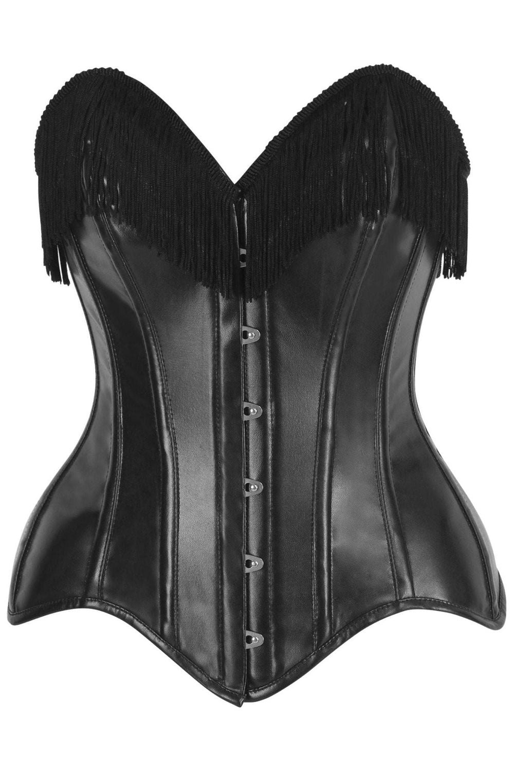 Daisy Corsets Top Drawer Black Faux Leather Steel Boned Overbust Corset w/Fringe