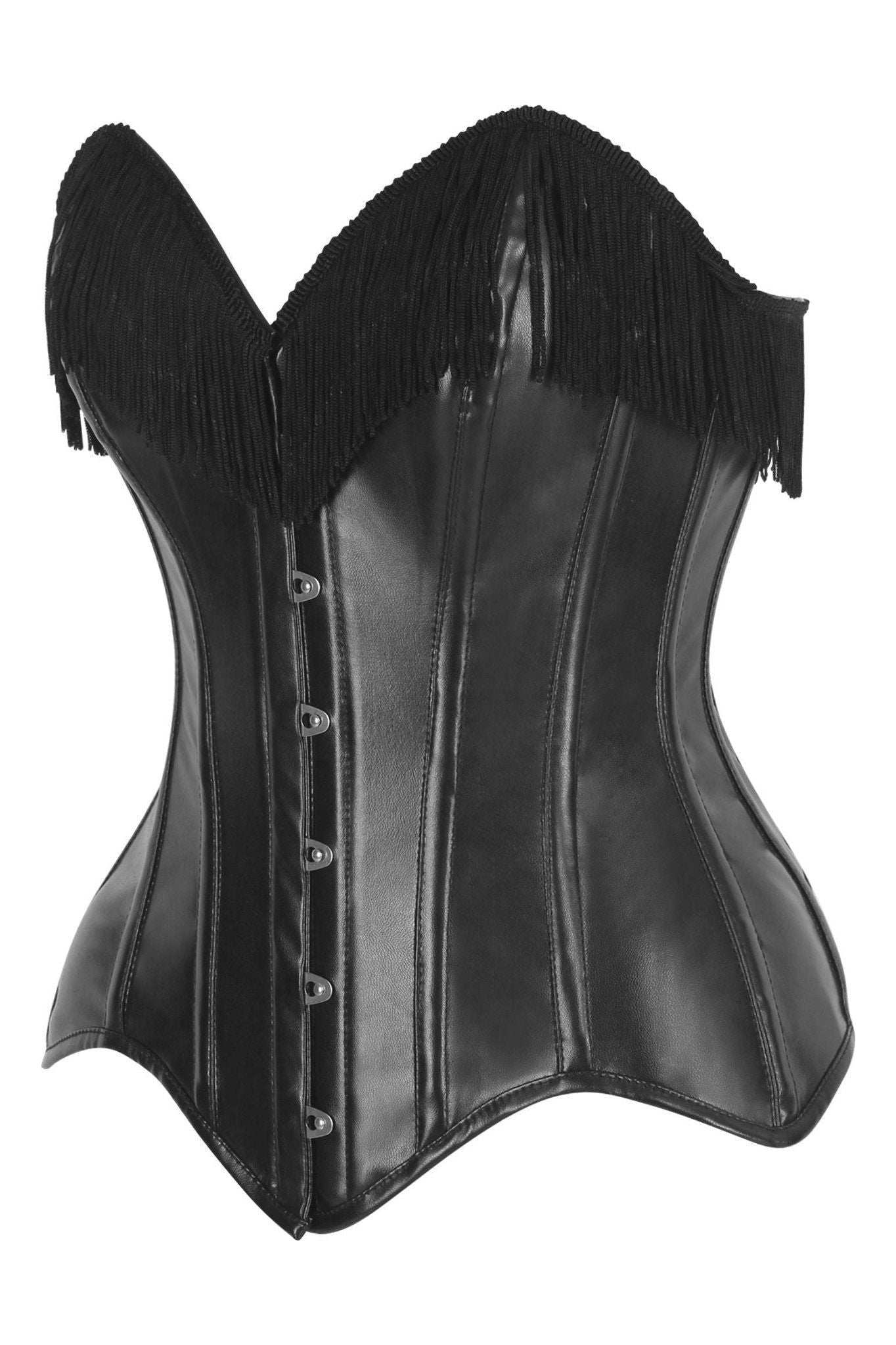 Daisy Corsets Top Drawer Black Faux Leather Steel Boned Overbust Corset w/Fringe - Daisy Corsets - Flyclothing LLC