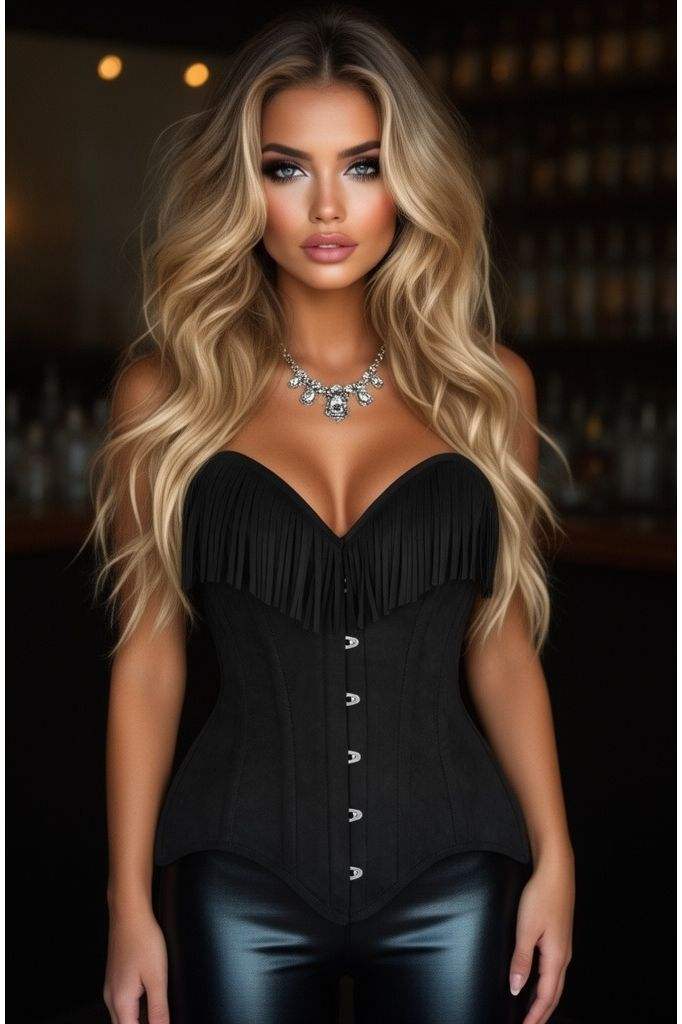 Daisy Corsets Top Drawer Black Suede Steel Boned Overbust Corset w/Fringe - Daisy Corsets