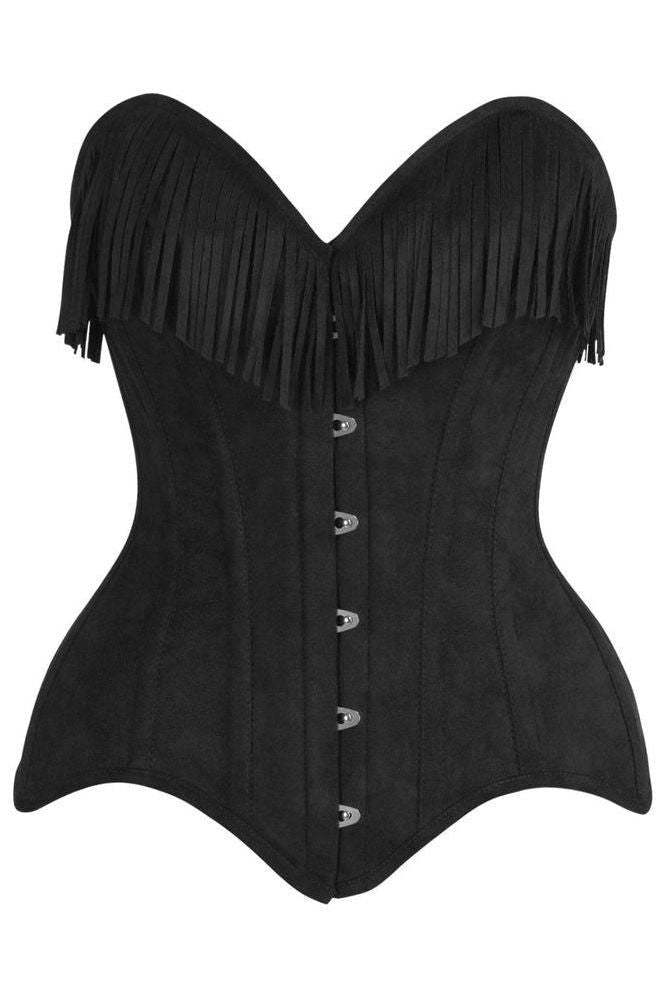 Daisy Corsets Top Drawer Black Suede Steel Boned Overbust Corset w/Fringe - Daisy Corsets