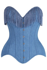 Daisy Corsets Top Drawer Blue Denim Steel Boned Overbust Corset w/Fringe