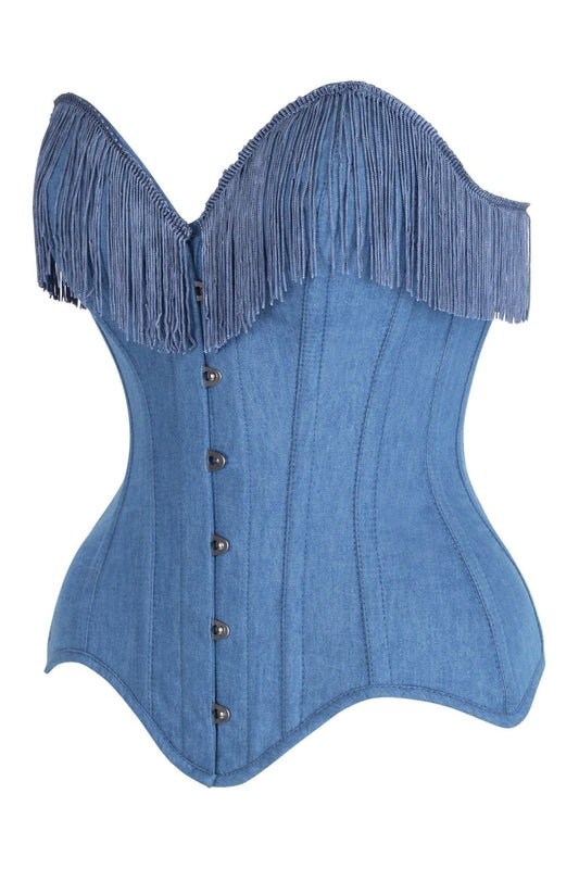 Daisy Corsets Top Drawer Blue Denim Steel Boned Overbust Corset w/Fringe
