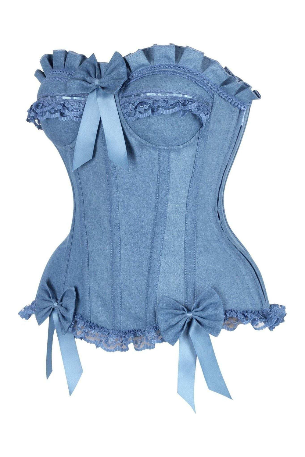Daisy Corsets Top Drawer Blue Denim Underwire Steel Boned Burlesque Corset w/Bows - Daisy Corsets - Flyclothing LLC