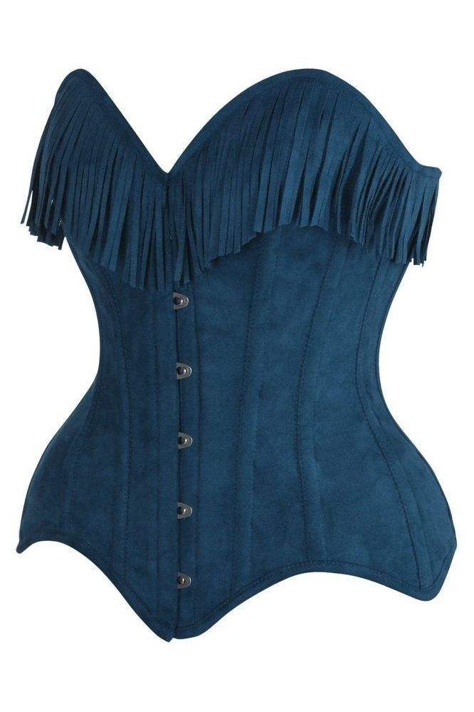 Daisy Corsets Top Drawer Blue Suede Steel Boned Overbust Corset w/Fringe - Daisy Corsets