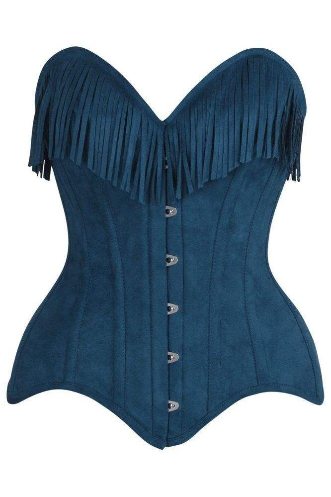 Daisy Corsets Top Drawer Blue Suede Steel Boned Overbust Corset w/Fringe - Daisy Corsets