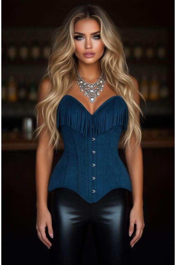 Daisy Corsets Top Drawer Blue Suede Steel Boned Overbust Corset w/Fringe - Daisy Corsets