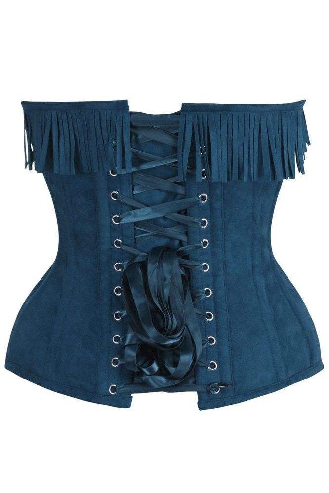 Daisy Corsets Top Drawer Blue Suede Steel Boned Overbust Corset w/Fringe - Daisy Corsets