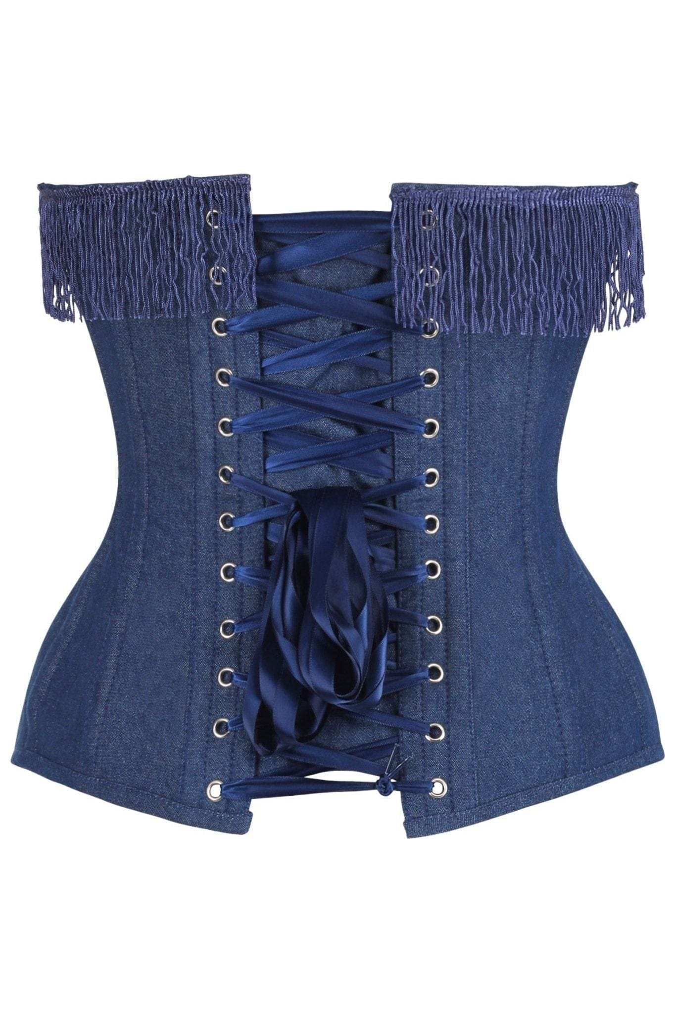Daisy Corsets Top Drawer Dark Blue Denim Steel Boned Overbust Corset w/Fringe - Daisy Corsets - Flyclothing LLC