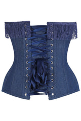 Daisy Corsets Top Drawer Dark Blue Denim Steel Boned Overbust Corset w/Fringe