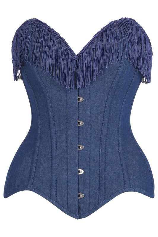 Daisy Corsets Top Drawer Dark Blue Denim Steel Boned Overbust Corset w/Fringe