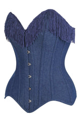Daisy Corsets Top Drawer Dark Blue Denim Steel Boned Overbust Corset w/Fringe - Daisy Corsets - Flyclothing LLC