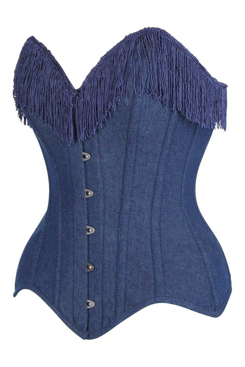 Daisy Corsets Top Drawer Dark Blue Denim Steel Boned Overbust Corset w/Fringe - Daisy Corsets - Flyclothing LLC