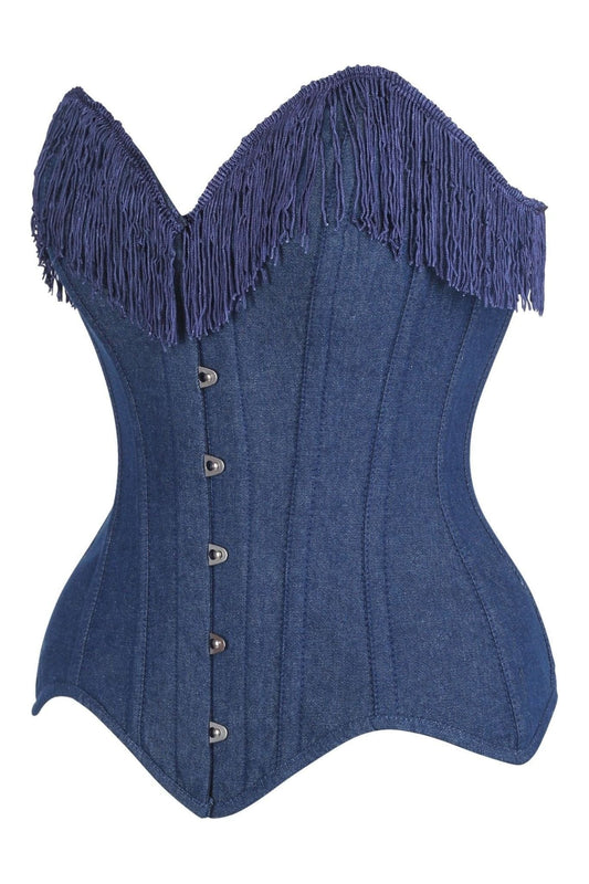 Daisy Corsets Top Drawer Dark Blue Denim Steel Boned Overbust Corset w/Fringe