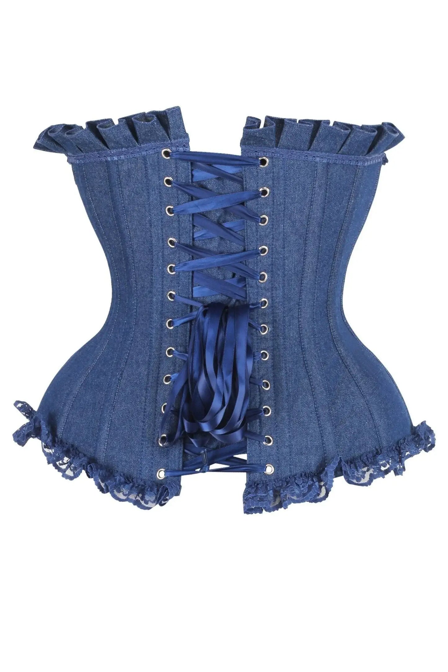 Top Drawer Dark Blue Denim Underwire Steel Boned Burlesque Corset w/Bows - Daisy Corsets - Flyclothing LLC