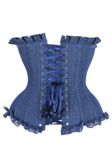 Daisy Corsets Top Drawer Dark Blue Denim Underwire Steel Boned Burlesque Corset w/Bows