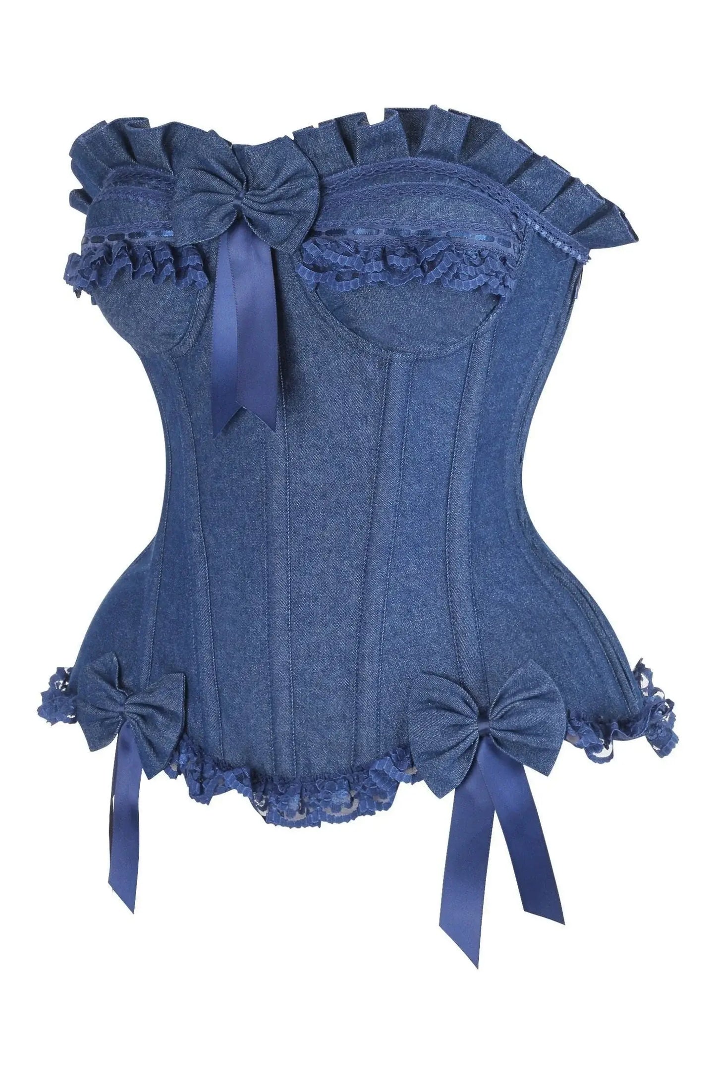 Top Drawer Dark Blue Denim Underwire Steel Boned Burlesque Corset w/Bows - Daisy Corsets - Flyclothing LLC