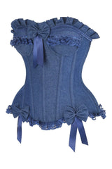 Top Drawer Dark Blue Denim Underwire Steel Boned Burlesque Corset w/Bows - Daisy Corsets - Flyclothing LLC