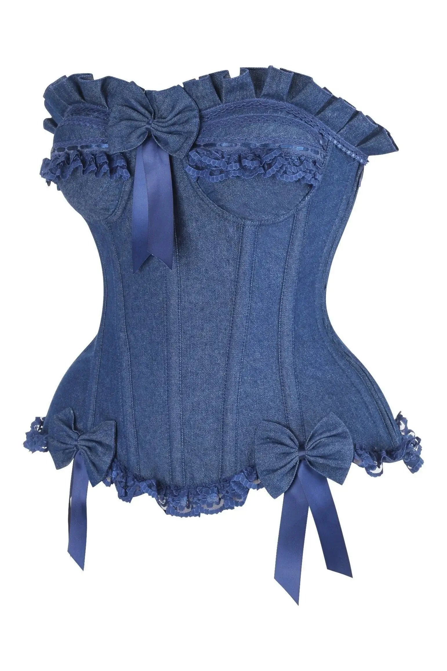 Top Drawer Dark Blue Denim Underwire Steel Boned Burlesque Corset w/Bows - Daisy Corsets - Flyclothing LLC