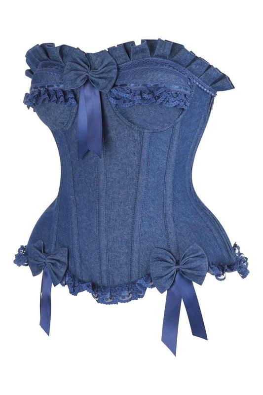 Daisy Corsets Top Drawer Dark Blue Denim Underwire Steel Boned Burlesque Corset w/Bows