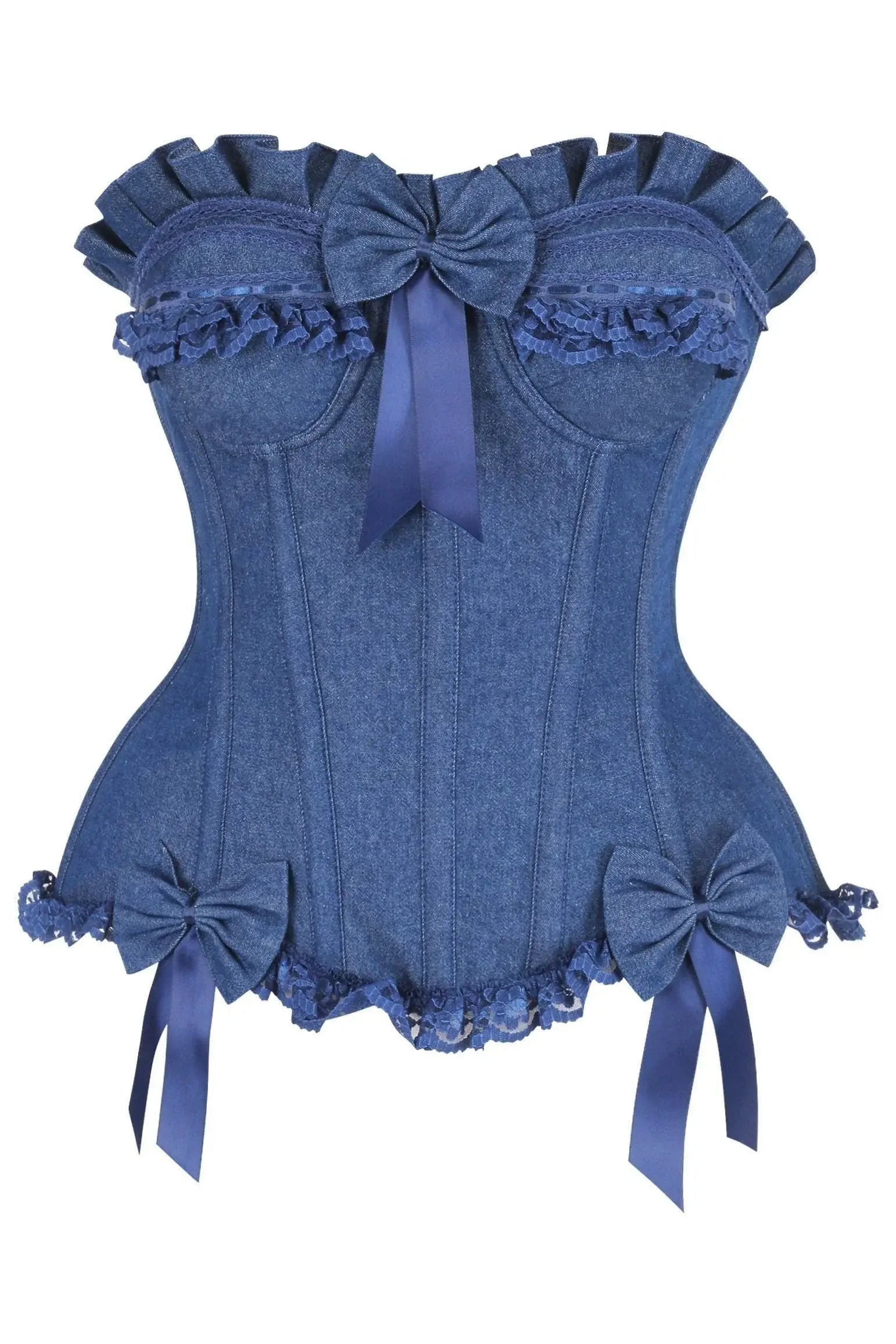 Top Drawer Dark Blue Denim Underwire Steel Boned Burlesque Corset w/Bows - Daisy Corsets - Flyclothing LLC