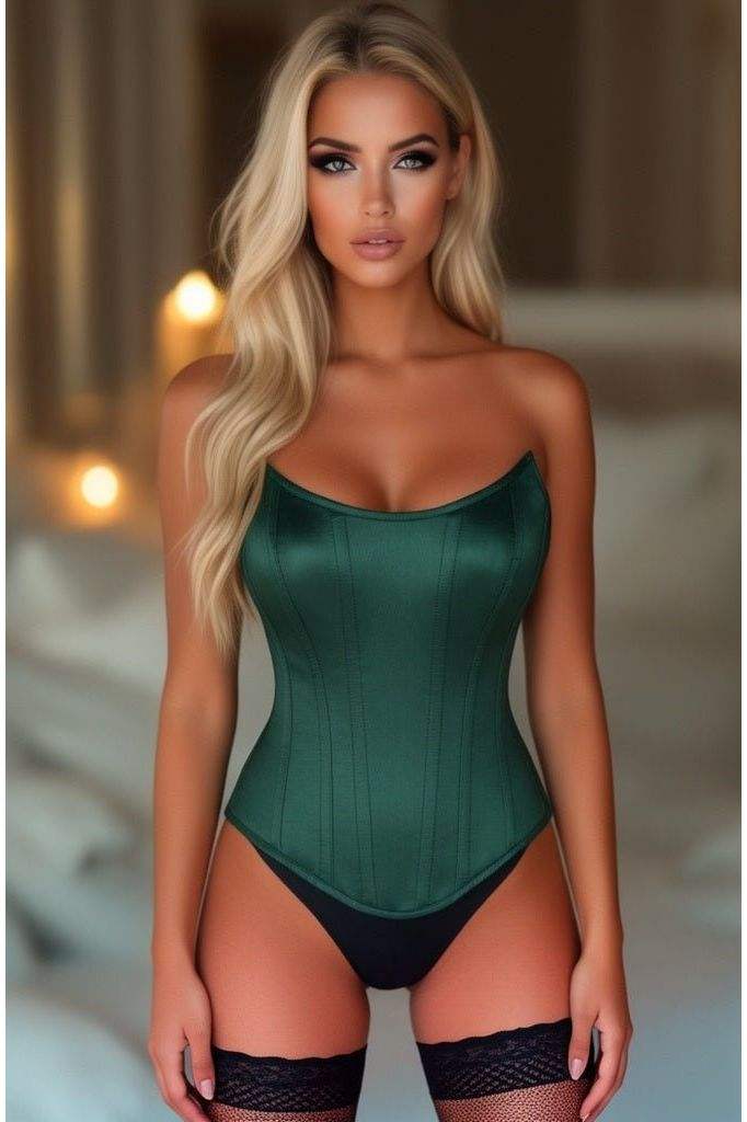 Daisy Corsets Top Drawer Dark Green Satin Steel Boned Overbust Corset w/Side Zipper - Daisy Corsets