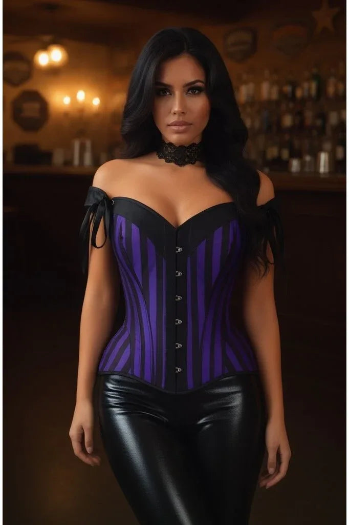 Top Drawer Dark Purple/Black Striped Steel Boned Corset w/Straps - Daisy Corsets - Flyclothing LLC