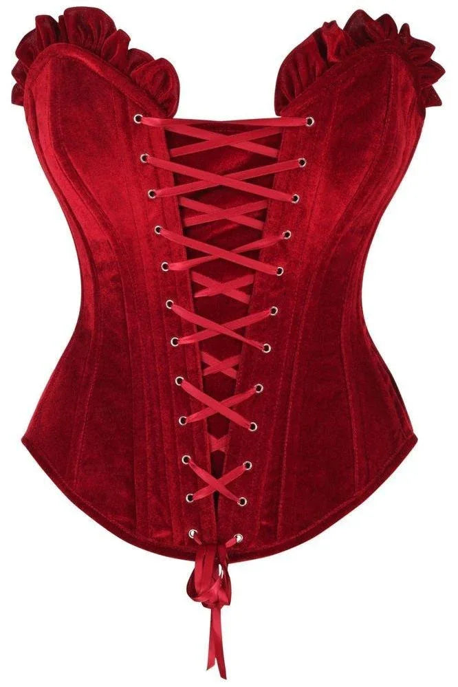 Top Drawer Dark Red Velvet Lace-Up Steel Boned Overbust Corset - Daisy Corsets - Flyclothing LLC