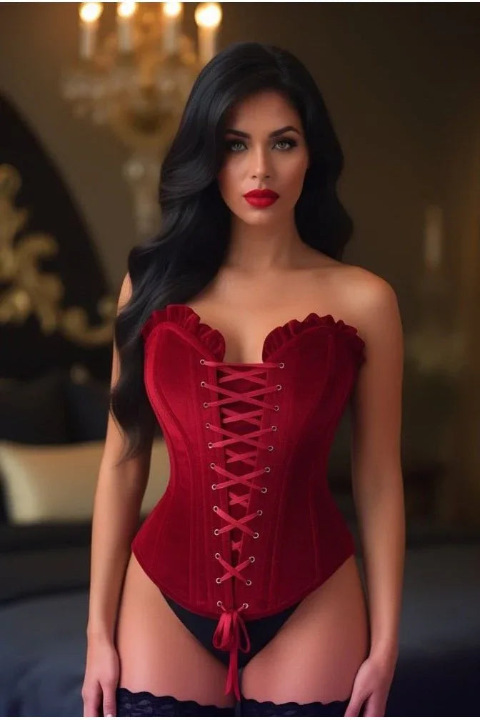 Top Drawer Dark Red Velvet Lace-Up Steel Boned Overbust Corset - Daisy Corsets - Flyclothing LLC