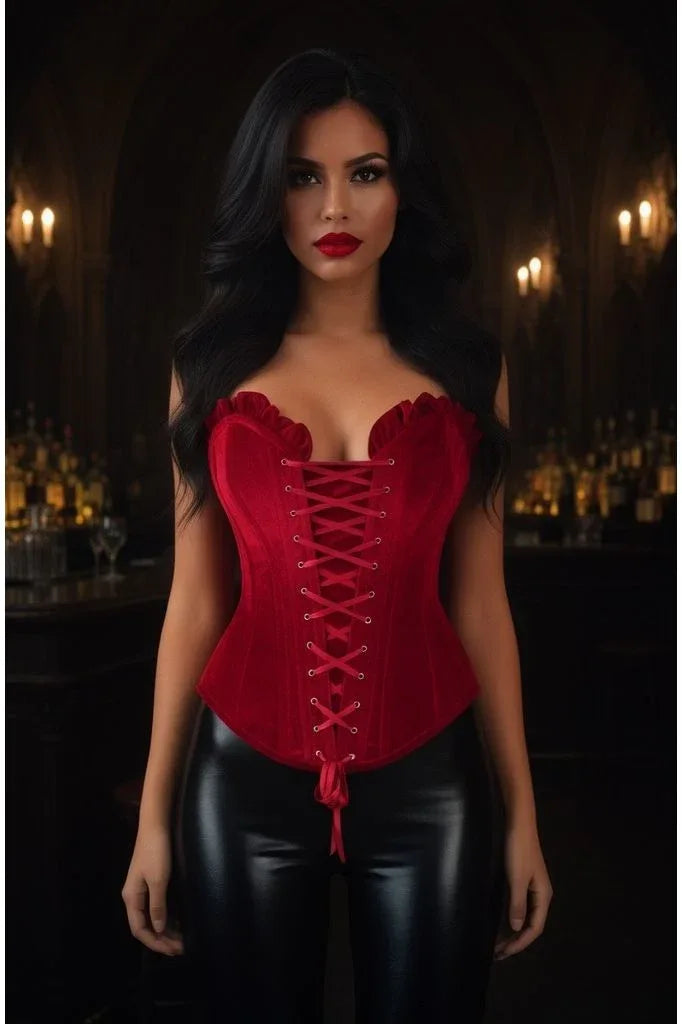 Top Drawer Dark Red Velvet Lace-Up Steel Boned Overbust Corset - Daisy Corsets - Flyclothing LLC