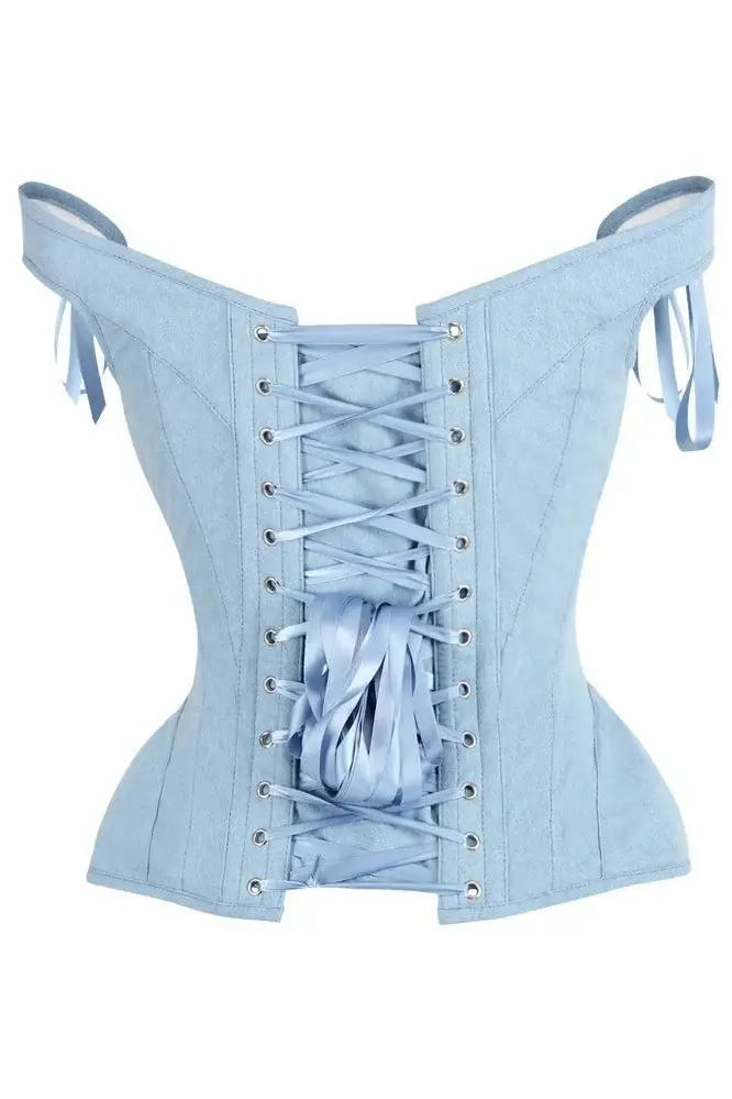 Top Drawer Light Blue Denim Steel Boned Corset w/Straps - Daisy Corsets - Flyclothing LLC