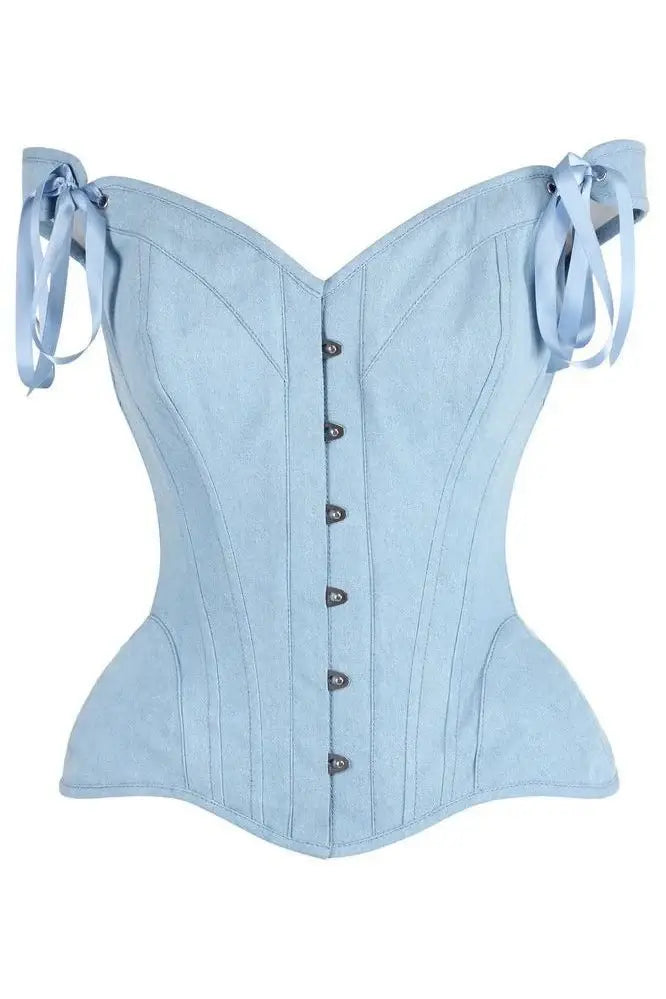 Top Drawer Light Blue Denim Steel Boned Corset w/Straps - Daisy Corsets - Flyclothing LLC