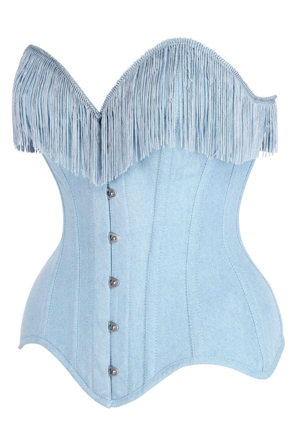 Daisy Corsets Top Drawer Light Blue Denim Steel Boned Overbust Corset w/Fringe - Daisy Corsets - Flyclothing LLC