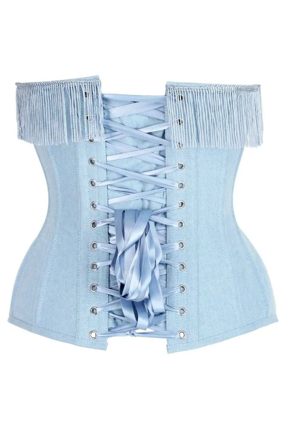 Daisy Corsets Top Drawer Light Blue Denim Steel Boned Overbust Corset w/Fringe - Daisy Corsets - Flyclothing LLC