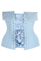 Daisy Corsets Top Drawer Light Blue Denim Steel Boned Overbust Corset w/Fringe