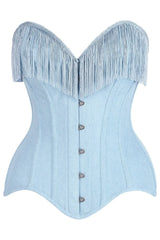 Daisy Corsets Top Drawer Light Blue Denim Steel Boned Overbust Corset w/Fringe - Daisy Corsets - Flyclothing LLC